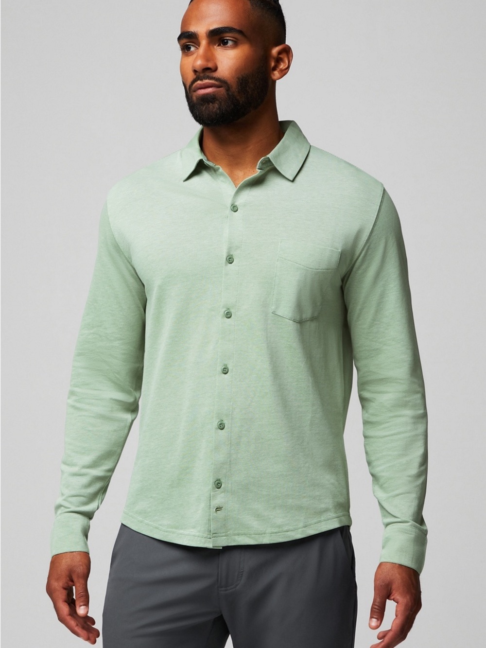NWT Fabletics Men's The Dash Long Sleeve Button Up Shirt Neo Olive Heather M